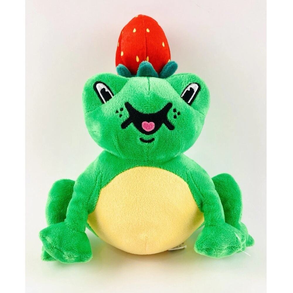 Green Plush Frog Toy with Strawberry Hat Stuffed Ideal Toys Creepy Halloween Hea
